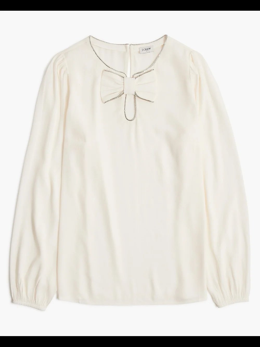 NWT J. Crew Cream Bow-Neck Long Sleeve Blouse With Rhinestones